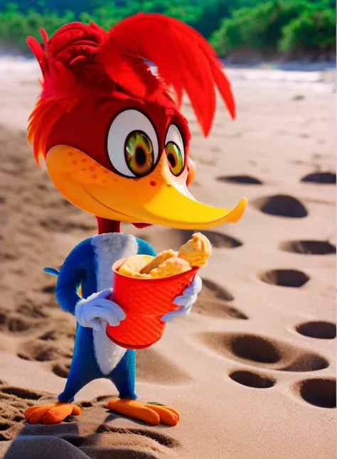<lora:Woody:1> Woody Woodpecker stands on the beach in a sexy pose and licks ice cream, looks at the camera, (eyes closed:1.6), sunny weather <lora:DetailedEyes_V3:1>
