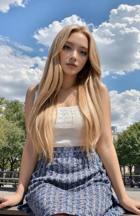 4k, 8k, ultra highres, raw photo in hdr, sharp focus, intricate texture,realistic, detailed facial features, highly detailed face, posing,perfect lighting,long hair,(blonde hair),petite,sitting on a park bench,park,long skirt,blue sky, clouds, river,water,<lora:Somin2:0.7> Somin2