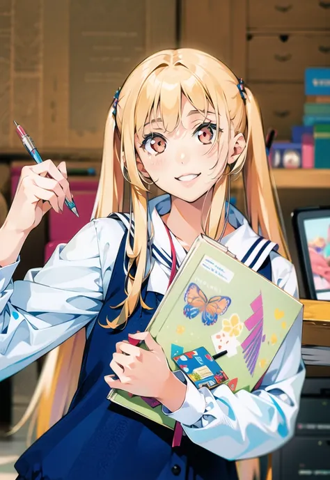 (masterpiece, flat color, colorful:1.0), (best quality:1.4), (ultra highres:1.2), (photorealistic:1.4), (8k, RAW photo:1.2) 1girl, solo,twintails,Cute girl,silm girl,smile,With a book and pen in hand,looking at viewer,