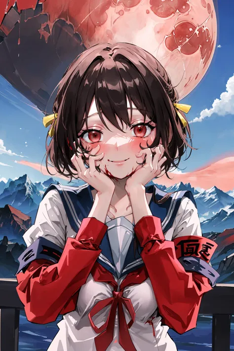 (masterpiece),(best quality), <lora:HaruhiSuzumiya:0.75>, summer uniform, serafuku, armband, outside, persistent stare, mountains, looking at the viewer,night, red sky, blood moon, <lora:yandere_trance:0.8>, yandere trance, yandere, hands on own face,hands on own cheeks, blank eyes, blush, large smile, yandere smile, (blood:1.2), <lora:constricted_pupils_v0.2a:0.8>, constricted pupils