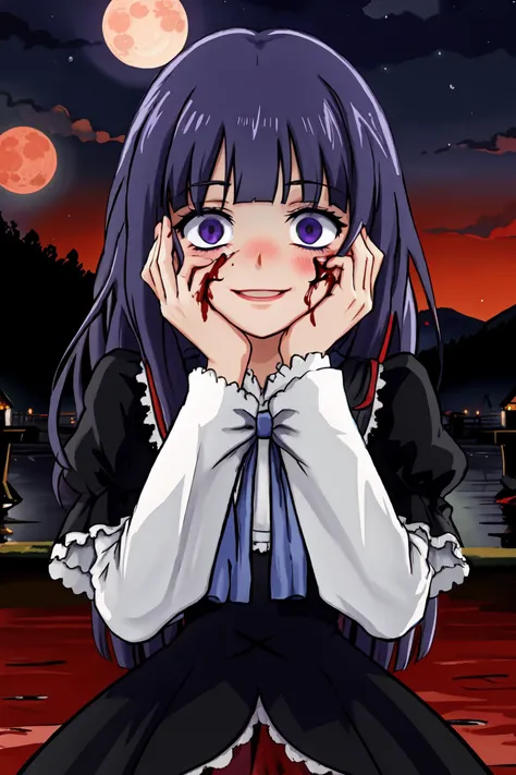 (masterpiece),best quality, <lora:Bernkastel:0.85>, frederica bernkastel, purple hair, dress, bowtie, castle, outside, persistent stare, mountains, looking at the viewer,night, red sky, blood moon, <lora:yandere_trance:0.8>, yandere trance, yandere, hands on own face,hands on own cheeks, blank eyes, blush, large smile, yandere smile, (blood:1.2), <lora:constricted_pupils_v0.2a:0.8>, constricted pupils