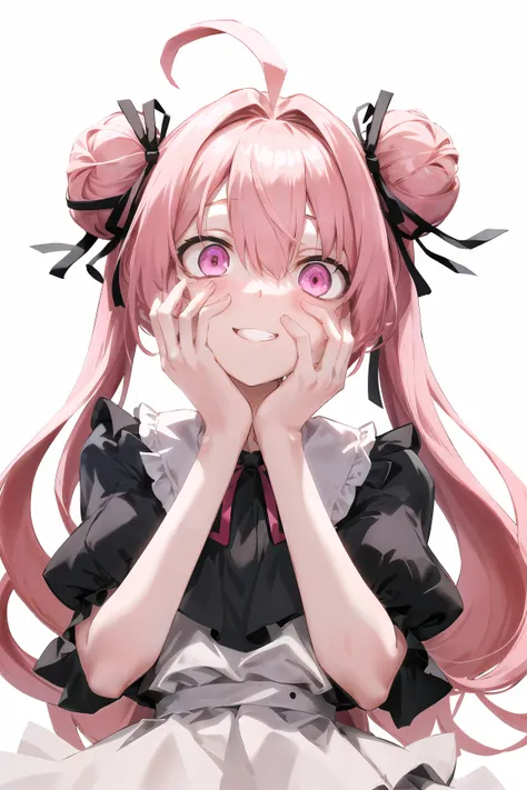 masterpiece, best quality,1girl, solo, smile,pink hair, hair bun, double bun,ribbon, small ribbon,hair ribbon,ahoge, standing, black dress, black ribbon,upper body,simple background, looking at viewer, two side up,hands on own face, long hair, dress, grin, bow, short sleeves, hands on own cheeks, pink eyes, upper body, hair bow, bangs, blush, hair between eyes, teeth,white background, <lora:yandere_trance:0.8> <lora:add_detail:0.3>