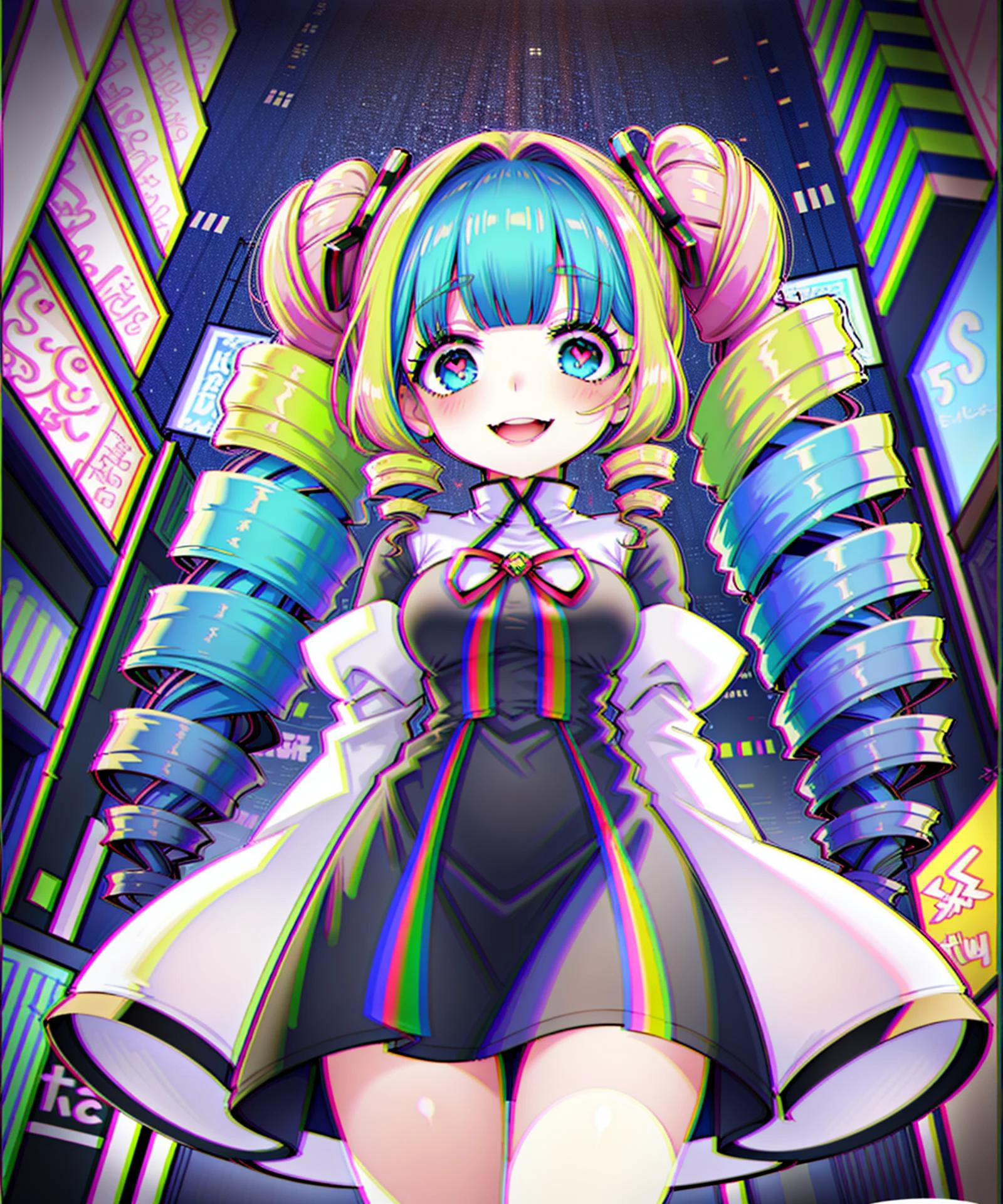 pov 1girl yandere_trance eye level cowboy shot, standing in cyberpunk city, tokyo city, heart-shaped_pupils, crazed look, insane, wide open mouth smile, looking at viewer, mega twin drills hair, cyan and magenta (two tone hair:1.3), chromatic abberation, yameroyandere
<lora:GoingInsane:.3>
<lora:chromatic_aberration_narrow_v10:1>
<lora:n15g_aio_hairstyles-1.0:.5>
<lora:heart_eyes_v1.0:.9>
<lora:yandere_trance:1>
<lora:yameroyandere-v2:.5>