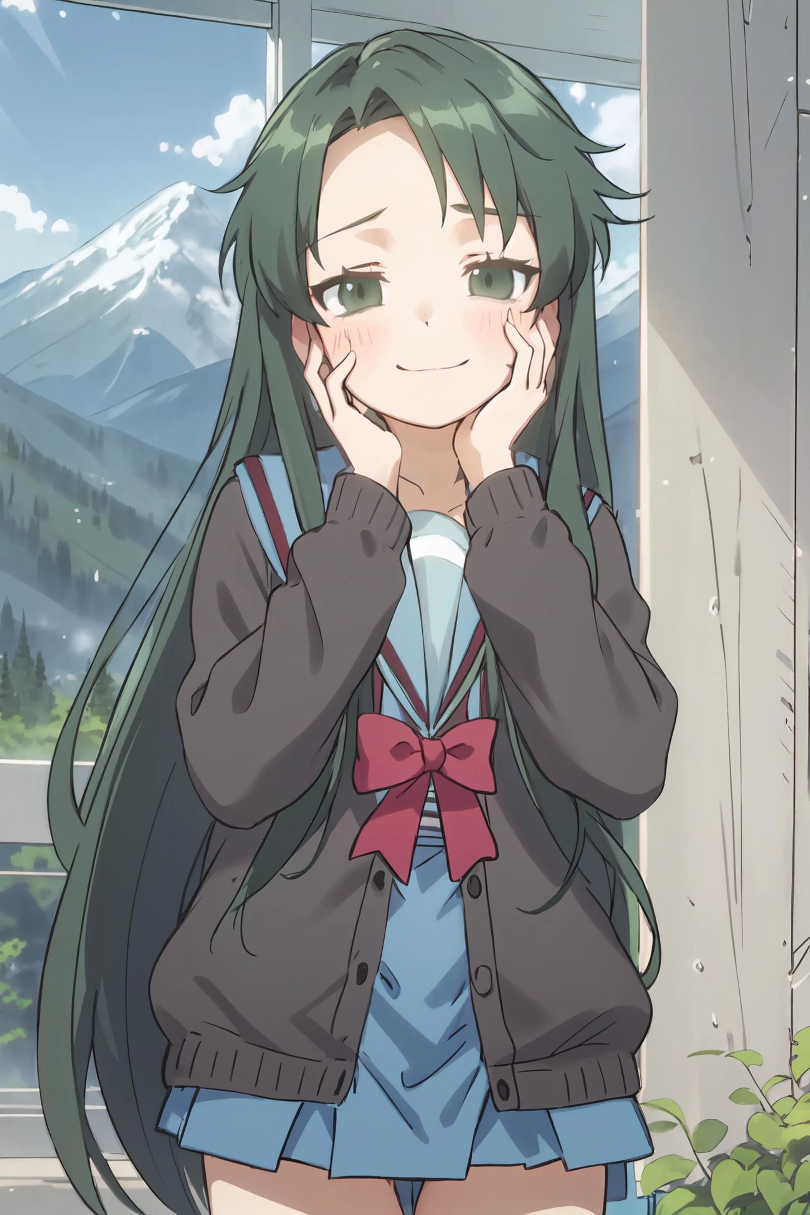 (masterpiece:1.1), best quality, <lora:Tsuruya:0.9> ,kita school uniform, blazer, blue skirt, kneehighs, castle, close, outside, persistent stare, mountains, looking at the viewer,<lora:yandere_trance:0.75>, yandere trance, yandere, hands on own face,hands on own cheeks, blank eyes, blush, large smile, yandere smile