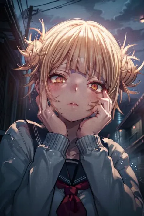 detailed illustration, close up, of a curvy girl, toga himiko, blonde hair, yandere, yandere trance, hands on own face,hands on own cheeks, school girl uniform, inside, night time, low light, school, moonlight, cinematic lighting, hires, volumetric lighting, highly detailed background, masterpiece, <lora:add_detail:0.5> <lora:hairdetailer:0.5> <lora:yandere_trance:0.7> <lora:TogaHimikoLoRA:0.8>