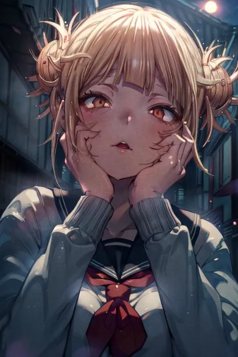 detailed illustration, close up, of a curvy girl, toga himiko, blonde hair, yandere, yandere trance, hands on own face,hands on own cheeks, school girl uniform, inside, night time, low light, school, moonlight, cinematic lighting, hires, volumetric lighting, highly detailed background, masterpiece, <lora:add_detail:0.5> <lora:hairdetailer:0.5> <lora:yandere_trance:0.7> <lora:TogaHimikoLoRA:0.8>