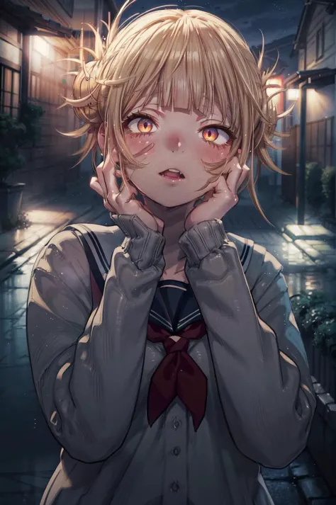 detailed illustration, close up, of a curvy girl, toga himiko, blonde hair, yandere, yandere trance, hands on own face,hands on own cheeks, school girl uniform, inside, night time, low light, school, moonlight, cinematic lighting, hires, volumetric lighting, highly detailed background, masterpiece, <lora:add_detail:0.5> <lora:hairdetailer:0.5> <lora:yandere_trance:0.7> <lora:TogaHimikoLoRA:0.8>