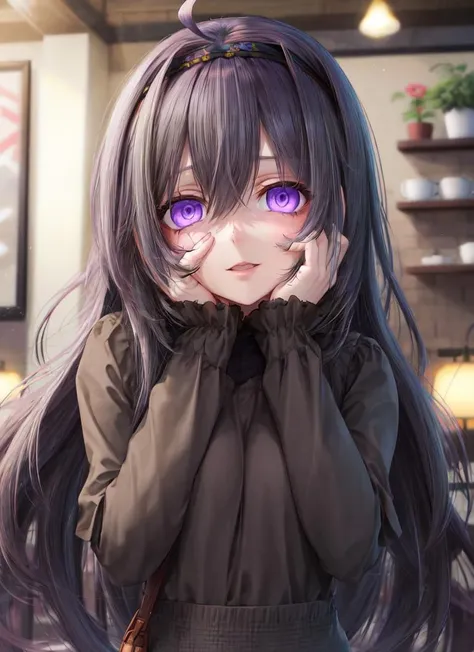 ((best quality)), ((highly detailed)), masterpiece, absurdres, (detailed eyes, deep eyes), (1girl), <lora:yandere_trance:.8>, yandere trance, yandere, hands on own face, hands on own cheeks, shaded face, ((glowing eyes)), (upper body), <lora:hairdetailer:.9>, <lora:hexManiacPokemonLora_1:1>, hexmaniacms, ((@.@)), bags under eyes, ahoge, headband, black hair, pale skin, small breasts, , purple clothes, (at a cafe, coffee, noon)