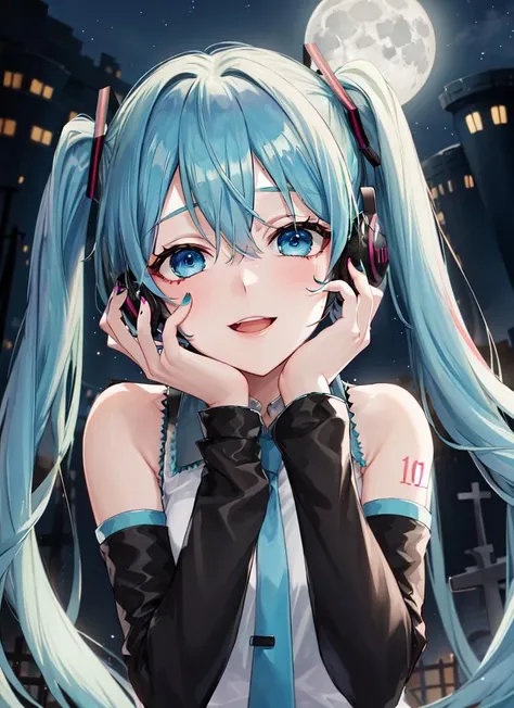 ((best quality)), ((highly detailed)), masterpiece, absurdres, extremely detailed face, beautiful face, (detailed eyes, deep eyes), (1girl), <lora:yandere_trance:.7>, yandere trance, yandere, hands on own face, hands on own cheeks, open mouth, smile, (upper body), Hatsune Miku, aqua hair, ((very long hair)), twintails, hair ornament, aqua eyes, blue nail polish, smile, headphones, white shirt, collared shirt, sleeveless shirt, bare shoulders, detached sleeves, (black sleeves), wide sleeves, aqua necktie, miniskirt, thighhighs, zettai ryouiki, (at a graveyard, night, night sky, stars, broken moon, telescope)