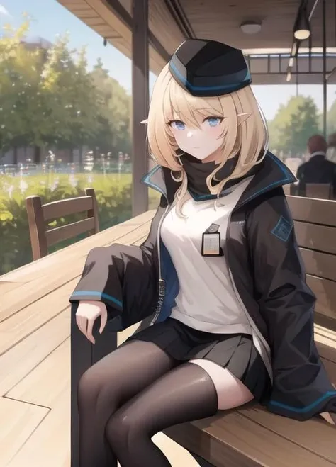 masterpiece, best quality, highres,  1girl,garden background, durin , <lyco:durin_v2:0.95>, pleated skirt, hat, sit on wooden chair, outside coffee shop
