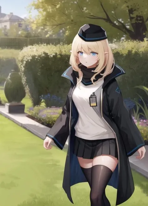masterpiece, best quality, highres,  1girl,garden background, durin , <lyco:durin_v2:0.95>, pleated skirt, hat, walking