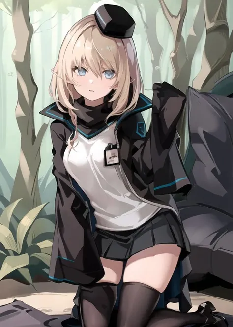 masterpiece, best quality, highres, 1girl, forest background, durin,, hat, pleated skirt, id card <lyco:Durin_remastered:0.85>,kneeling
