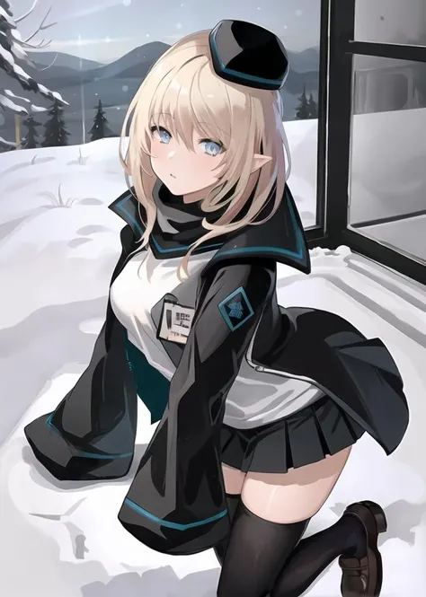 masterpiece, best quality, highres, 1girl, snowy background, durin,, hat, pleated skirt, id card <lyco:Durin_remastered:0.85>,snow moutain, fallen snow