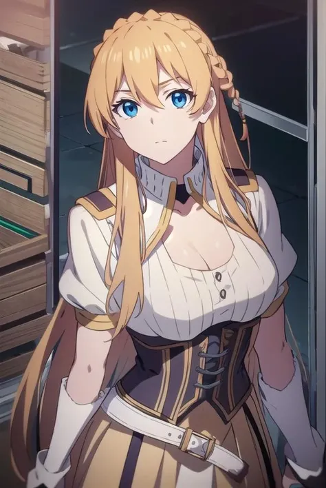sumucheng, <lora:sumuchengtest:1>,
su mucheng, long hair, blonde hair, blue eyes, hair between eyes, braids, hair braid,
BREAK googles, googles on head, gloves, cleavage, shirt, juliet sleeves, corset, skirt, brown skirt, white shirt,
BREAK looking at viewer,
BREAK outdoors,
BREAK <lora:GoodHands-vanilla:1>, (masterpiece:1.2), best quality, high resolution, unity 8k wallpaper, (illustration:0.8), (beautiful detailed eyes:1.6), extremely detailed face, perfect lighting, extremely detailed CG, (perfect hands, perfect anatomy),