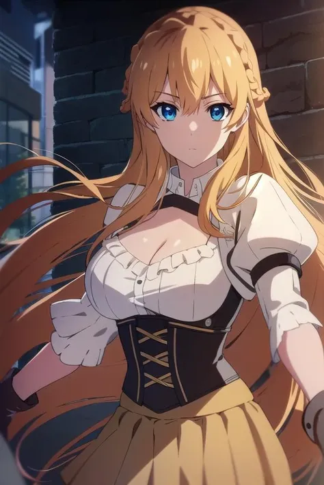 sumucheng, <lora:sumuchengtest:1>,
su mucheng, long hair, blonde hair, blue eyes, hair between eyes, braids, hair braid,
BREAK googles, googles on head, gloves, cleavage, shirt, juliet sleeves, corset, skirt, brown skirt, white shirt,
BREAK looking at viewer,
BREAK outdoors,
BREAK <lora:GoodHands-vanilla:1>, (masterpiece:1.2), best quality, high resolution, unity 8k wallpaper, (illustration:0.8), (beautiful detailed eyes:1.6), extremely detailed face, perfect lighting, extremely detailed CG, (perfect hands, perfect anatomy),
