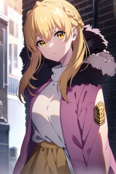 sumucheng, <lyco:sumucheng-LYCORIStest:1>,
su mucheng, long hair, blonde hair, (yellow eyes:1.5), braids, hair braid,
BREAK sweater, jacket, fur trim, fur-trimmed jacket, pink jacket, pantyhose, skirt, white sweater, white skirt,
BREAK looking at viewer,
BREAK outdoors,
BREAK <lora:GoodHands-vanilla:1>, (masterpiece:1.2), best quality, high resolution, unity 8k wallpaper, (illustration:0.8), (beautiful detailed eyes:1.6), extremely detailed face, perfect lighting, extremely detailed CG, (perfect hands, perfect anatomy),
