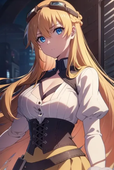 sumucheng, <lora:sumuchengtest:1>,
su mucheng, long hair, blonde hair, blue eyes, hair between eyes,
BREAK googles, (googles on head:1.5), gloves, cleavage, shirt, juliet sleeves, corset, skirt, brown skirt, white shirt,
BREAK looking at viewer, ,
BREAK outdoors,
BREAK <lora:GoodHands-vanilla:1>, (masterpiece:1.2), best quality, high resolution, unity 8k wallpaper, (illustration:0.8), (beautiful detailed eyes:1.6), extremely detailed face, perfect lighting, extremely detailed CG, (perfect hands, perfect anatomy),