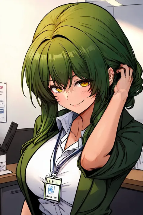 masterpiece,best quality,<lora:Lee Se-Young:0.6>,1girl,green hair,yellow eyes,office dress,badge hanging around his neck,embarrassment,hand fixes hair,uncertain smile,