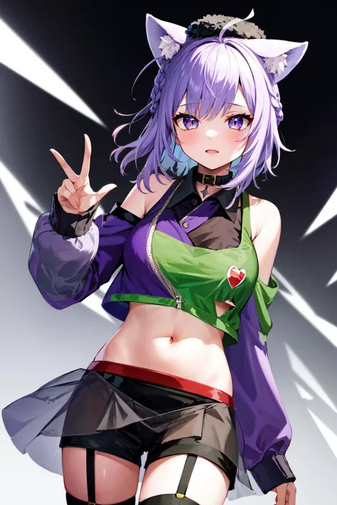 NSFW,(One girl:1.5),miorine1、miorine rembran、solo、Long Hair、Grey Eyes、Grey Hair、Ahoge,(Perfect hands),(Perfect Anatomy),(masterpiece),(Highest quality),Embarrassed,blush,Trick or Treat Cosplay、露出度の高いClothes、Shrug（Clothes）、Short sleeve、Layered Bikini、Purple Bikini、Green Bikini、belt、Nurse cap、mini skirt、Green gloves、Thigh-high socks、Garter Straps,Luxurious Room,Bedroom,bedroom
