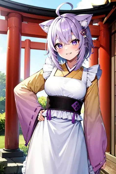masterpiece, best quality, highres, aaokayu, short hair, ahoge, animal ears, hair ornament, cat tail, ribbon trim, japanese clothes, white kimono, white apron, frilled apron, sash, obi, purple skirt, <lora:nekomata_okayu_v1:0.8>, shrine, torii, standing, smile, hand on hip,
