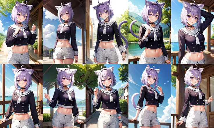 masterpiece, best quality, highres, aaokayu, short hair, purple hair, ahoge, black hairband, animal ears, cat tail, sailor collar, neckerchief, black shirt, midriff, button, white shorts, <lora:nekomata_okayu_v1:0.8>, cowboy shot, standing, smile, outdoors,