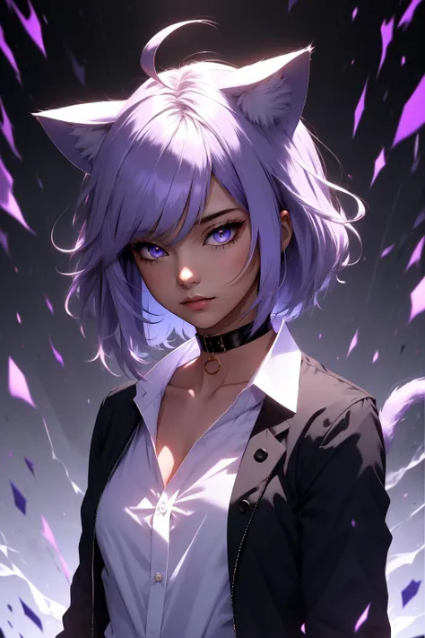 (masterpiece, best quality),  intricate details,
1girl,     <lora:nekomata_okayu_v1:0.8> aaokayu, short hair, ahoge, animal ears, cat tail, black collar, neck ribbon, purple ribbon, collarbone, cleavage, dress shirt, collared shirt, button gap, black jacket, open clothes
 <lora:r1ge - AnimeRage:0.8> r1ge,