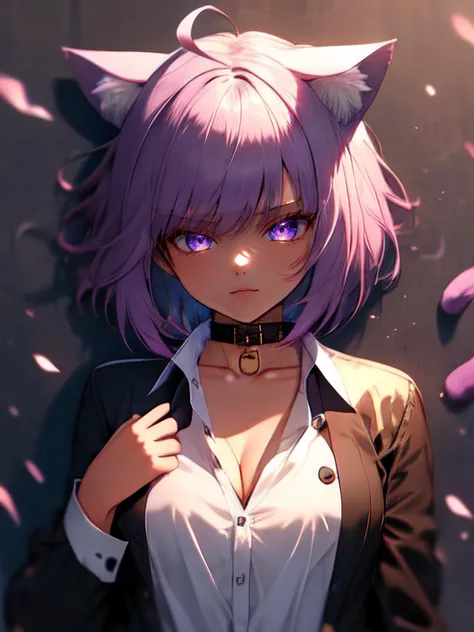 (masterpiece, best quality), intricate details, 1girl, <lora:nekomata_okayu_v1:0.8> aaokayu, short hair, ahoge, animal ears, cat tail, black collar, neck ribbon, purple ribbon, collarbone, cleavage, dress shirt, collared shirt, button gap, black jacket, open clothes <lora:r1ge - AnimeRage:0.8> r1ge,