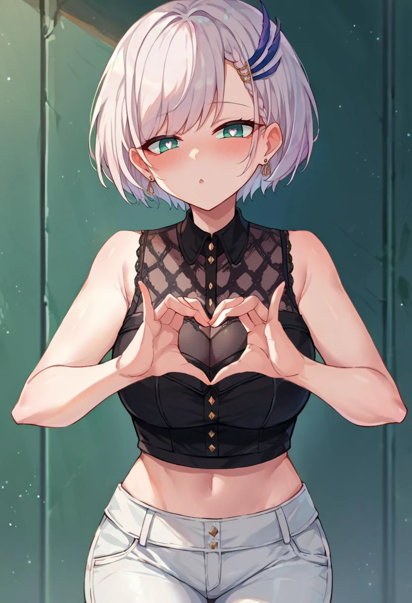 score_9, score_8_up, score_7_up, source_anime, rating_questionable, artistic, heart hands, <lora:CHAR-PavoliaReinePonyXL:.85>ReineCasual, bright pupils, short hair, feather hair ornament, earrings, black shirt, cleavage, sleeveless, midriff, white pants, blush,