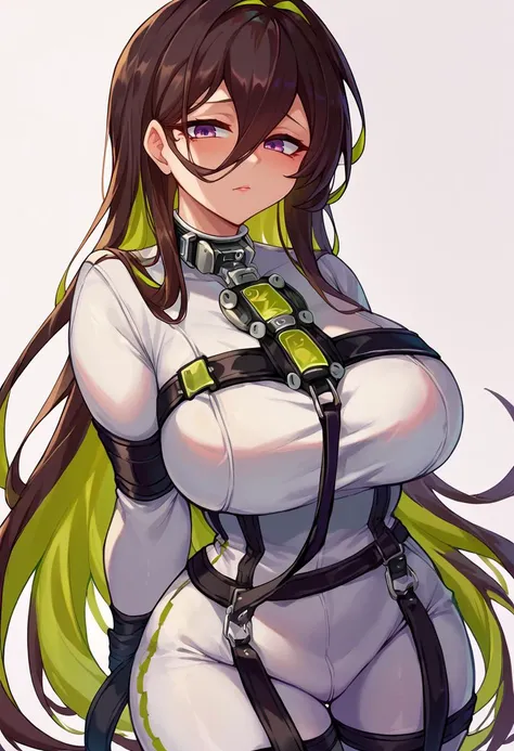 score_9, score_8_up, score_7_up, 1 pinup <lora:guilty-nikke-richy-v1_pdxl:1> guilty, brown hair, green hair, colored inner hair, multicolored hair, hair between eyes, purple eyes, white bodysuit, collar, straitjacket, medium breasts,