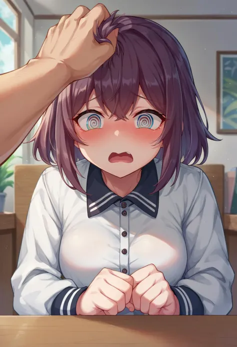 score_9,score_8_up,score_7_up,source_anime,1girl,indoors,pov,headpat,embarrassed,spiral eyes,blush,open mouth,looking down,