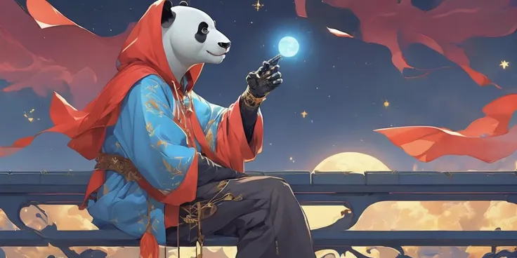 anthro humanoid giant panda male furry sitting on stairs on rooftop, has mechanical arms, mechanical hands, mechanical legs and mechanical boots, wears short sleeves red hoodie saying "404", cloak, baggy clothes, looking afar, city below, backlighting, night, moonlight, starry sky, shooting star, constellation