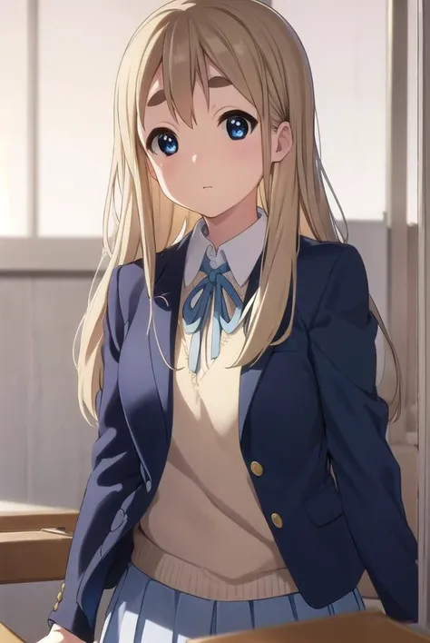 tsumugikotobuki, <lora:tsumugi kotobuki s2-lora-nochekaiser:1>,
tsumugi kotobuki, long hair, blue eyes, blonde hair, thick eyebrows,
BREAK sakuragaoka high school uniform, school uniform, uniform, blazer, shirt, white shirt, collared shirt, skirt, pleated skirt,
BREAK indoors, classroom,
BREAK looking at viewer, (cowboy shot:1.5),
BREAK <lyco:GoodHands-beta2:1>, (masterpiece:1.2), best quality, high resolution, unity 8k wallpaper, (illustration:0.8), (beautiful detailed eyes:1.6), extremely detailed face, perfect lighting, extremely detailed CG, (perfect hands, perfect anatomy),