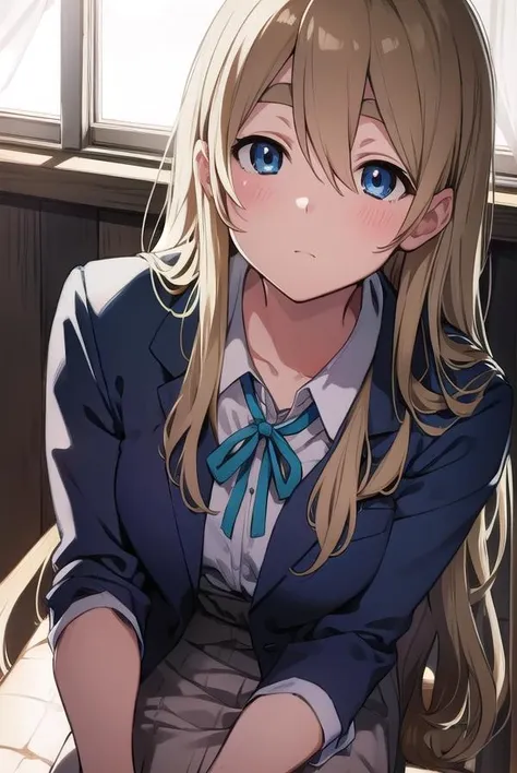 tsumugikotobuki, <lora:tsumugikotobukitest:1>,
tsumugi kotobuki, blonde hair, blue eyes, long hair, thick eyebrows, eyebrows,
BREAK sakuragaoka high school uniform, school uniform,
BREAK looking at viewer,
BREAK indoors, classroom,
BREAK <lora:GoodHands-vanilla:1>, (masterpiece:1.2), best quality, high resolution, unity 8k wallpaper, (illustration:0.8), (beautiful detailed eyes:1.6), extremely detailed face, perfect lighting, extremely detailed CG, (perfect hands, perfect anatomy),