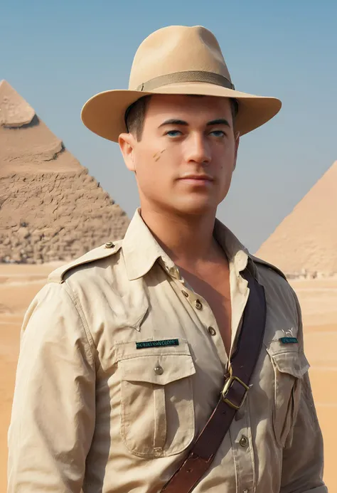 Ultra-HD-details, <lora:GI_Joe_Red:1> joe a man wearing a safari hunting outfit, great pyramids background