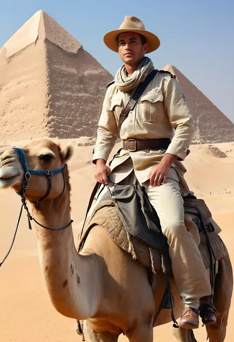 Ultra-HD-details, <lora:GI_Joe_Red:1> joe a man wearing a safari hunting outfit, riding a camel, looking at viewer, great pyramids background