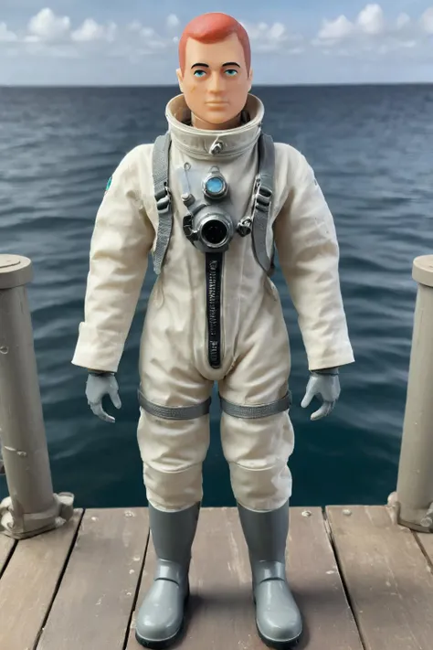 <lora:GI_Joe_Red:1> GI Joe Red, wearing a white deep sea diving suit, gray boots, standing on pier