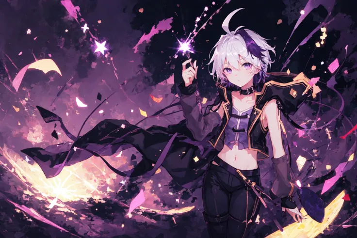 (((masterpiece))), ((best quality)),((illustration)), 4k, 8k, wallpaper, 1girl, solo, vflower,<lora:vflower-000010:0.6>,purple hair, full body, looking at viewer, starry night, dynamic angle
