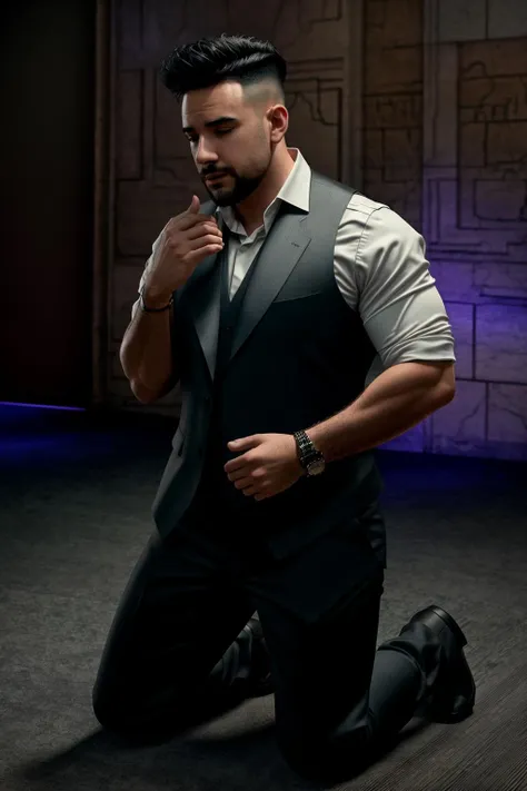 <lora:illojuan_v1-000009:1> masterpiece, best cinematic quality, photorealistic highly detailed 8k raw photo, volumetric lighting, volumetric shadows, lljn in vest, Kneeling with hands on hips, random dynamic background