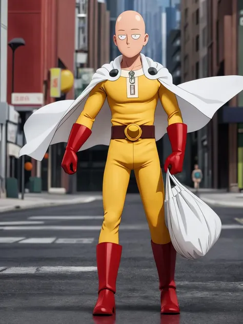 <lora:Saitama-10:0.8> saitama, anime, one punch,  one-punch man ,  1boy, bald, white cape, red gloves, belt, full body, z city ghost town, holding plastic bag, 
masterpiece, best quality, intricate detail, intricate background detail, high poly