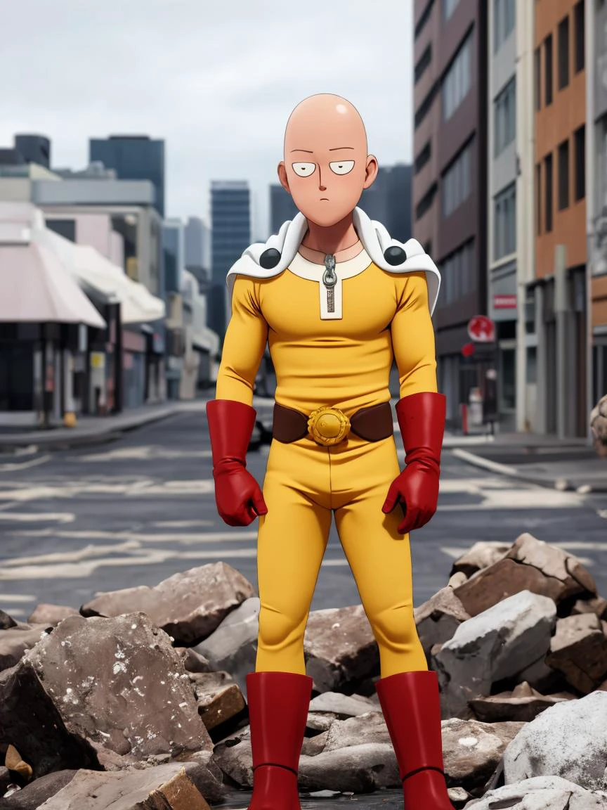 <lora:Saitama-10:0.8> saitama, anime, one punch, one-punch man , 1boy, bald, white cape, red gloves, belt, full body, z city ghost town
masterpiece, best quality, intricate detail, intricate background detail, high poly