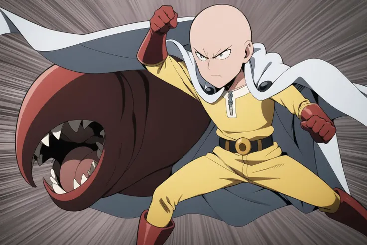 saitama, anime, one punch, 1boy, full body, (punching), (angry monster:1.3), emphasis lines, serious, cape, solo, gloves, red gloves, belt, white cape, red footwear, parody, best quality, <lora:Saitama-10:0.92>