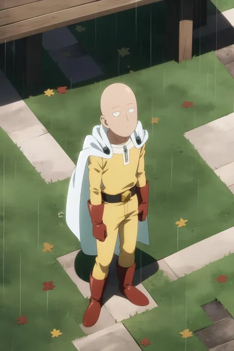 saitama, anime, one punch, 1boy, bald, male focus, from above, rain, white cape, solo, gloves, belt, boots, standing, looking at viewer, best quality, masterpiece, <lora:Saitama-10:1>