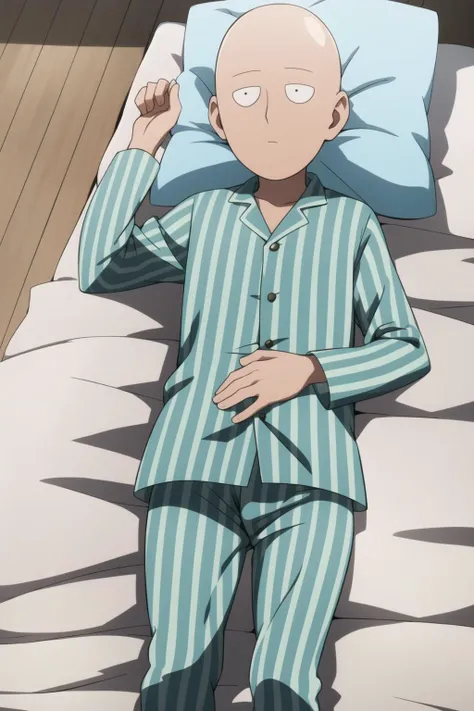 saitama, anime, one punch, 1boy, bald, male focus, pillow, striped, lying, on back, pajamas, best quality, white bed, <lora:Saitama-10:1>
