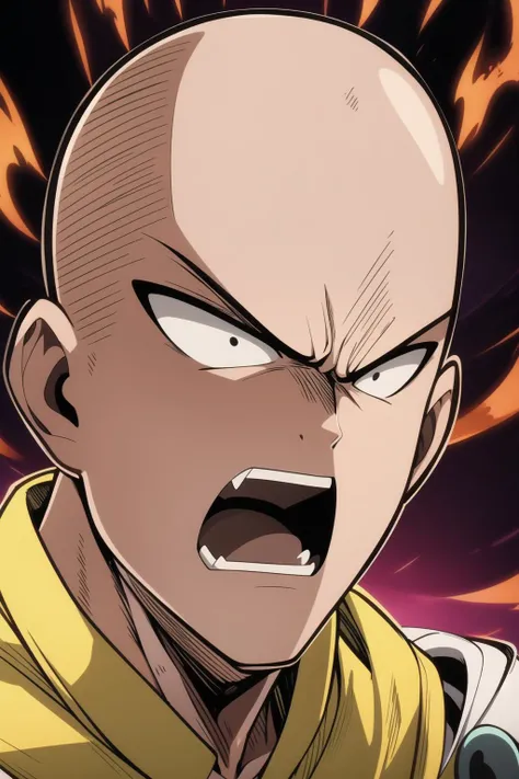 saitama, anime, one punch, 1boy, bald, male focus, close up, emphasis lines, open mouth, angry, fire, upper body, best quality, masterpiece, <lora:Saitama-10:1>