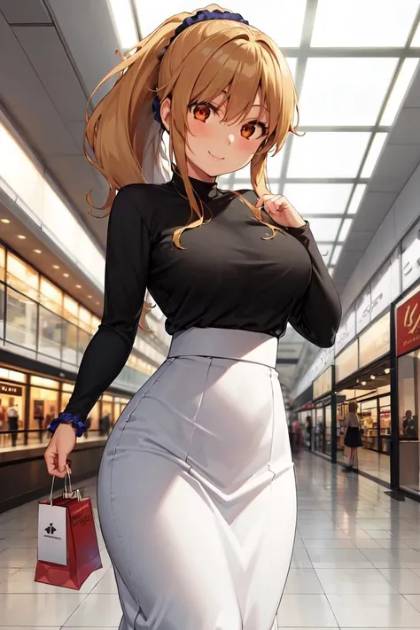 masterpiece, best quality, absurdres, perfect anatomy, 1girl, solo, Nanako Kogure, long hair, ponytail, hair scrunchie, high-waist skirt, long skirt, white skirt, black shirt, long sleeves, smile, standing, indoors, shopping mall, <lora:KogureNanako-08:0.8>