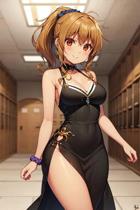 masterpiece, best quality, absurdres, perfect anatomy, 1girl, solo, Nanako Kogure, long hair, ponytail, hair scrunchie, elegant, long dress, black dress, halterneck, smile, indoors, palace, jewelry, standing, <lora:KogureNanako-08:1>