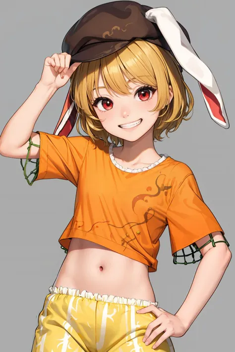 masterpiece, best quality,  <lora:ringo:1>,ringo \(touhou\), 1girl,hat, flat cap,rabbit ears,blonde hair,short hair,,red eyes,  blonde hair,orange shirt,yellow shorts, navel, yellow shorts, short sleeves,grey background, grin