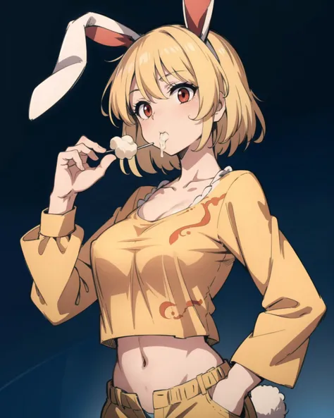 masterpiece, best quality, <lora:ringo:1>,ringo \(touhou\),1girl, floppy ears, solo, animal ears, red eyes, orange shirt, short hair, shirt, rabbit ears, blonde hair, pants, jacket, food, midriff, simple background, eating, hand in pocket, cowboy shot, medium breasts, breasts, open clothes, :t, collarbone, long sleeves