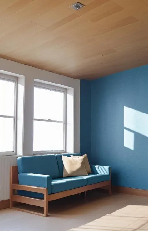 artek, a white wall and ceiling in a room. The wall is smooth and has a smooth texture. The roof is flat and has a smooth texture. The room is illuminated by a small window that lets in natural light, on the wall a coat rack with ironwork. Solid birch, Fabric upholstery and PU foam,a blue couch with a wooden frame and a blue cushion on it's back end
<lora:artek_5400_lora:1>
