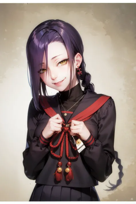 (masterpiece, best quality:1.2), <lora:recreators_chikujouin-11:1>, upper body, solo, 1girl, chikujoin magane, evil smile, closed mouth, looking at viewer, single braid, school uniform, serafuku, earrings